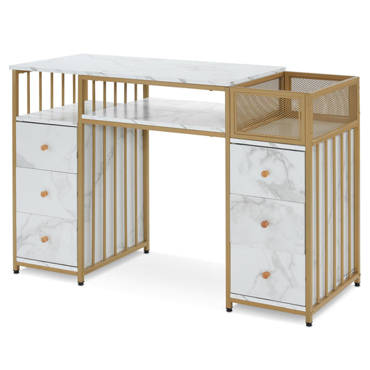 BarberPub Marbling Texture Nail Acetone Resistant Desk, Manicure Table with Metal Frame, Nail Salon Station Beauty Storage Organizer 2425 (White)