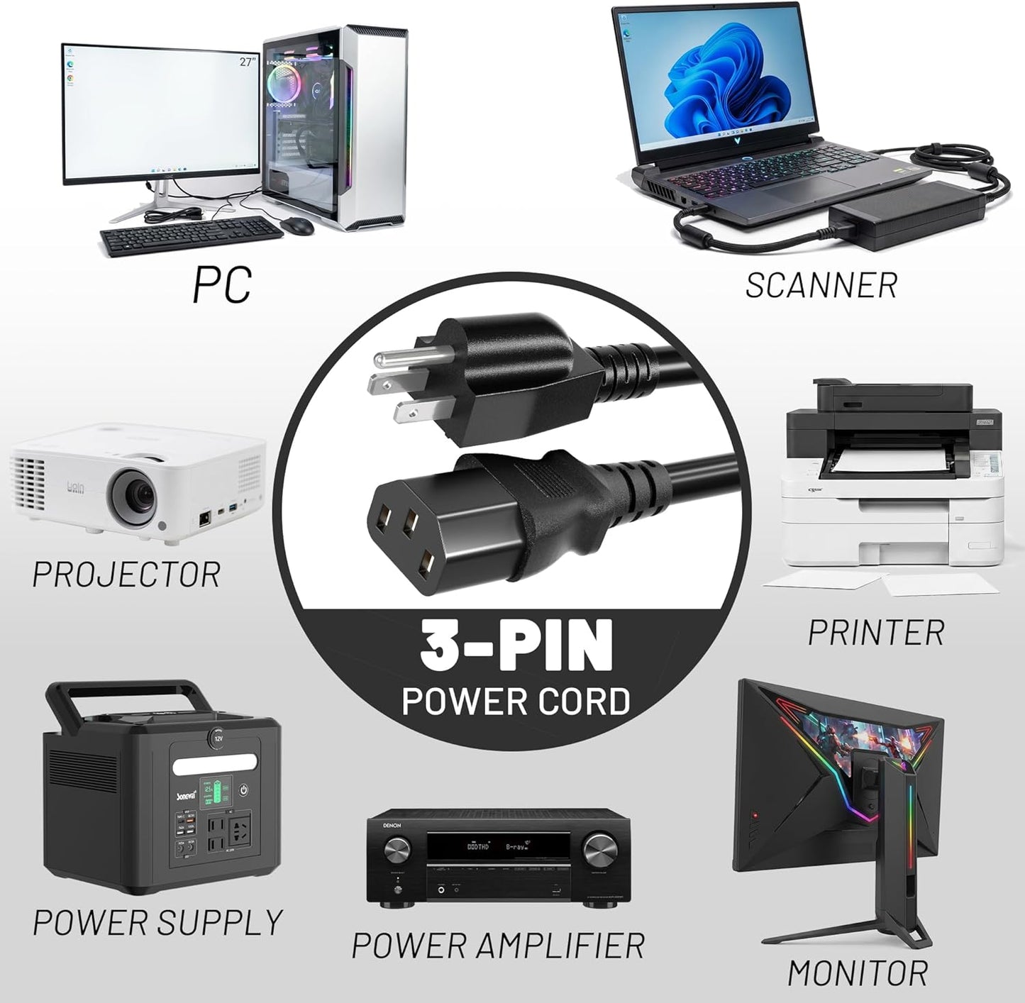 Vockjour 3 5ft 10 125 18AWG, 5-15P C13, Prong AC Power Cord Cable Amps Volts NEMA to Black PC Power Cable for TV