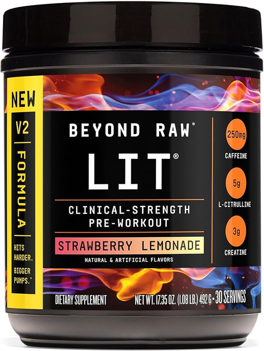 BEYOND RAW LIT V2 Clinical Strength Pre Workout Powder, Hits Harder, Bigger Pumps, Caffeine, L-Citrulline, Creatine, Strawberry Lemonade, 30 Servings