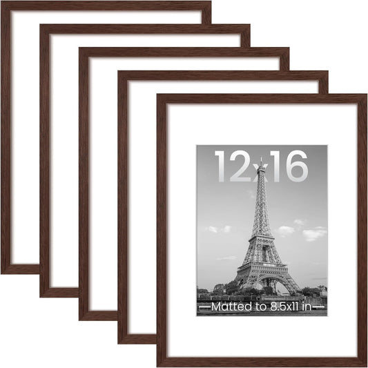 Upsimples 12x16 Picture Frame Set of 5 - Stylish Wall Gallery Frames for 8.5x11 or 12x16 Photos - Brown