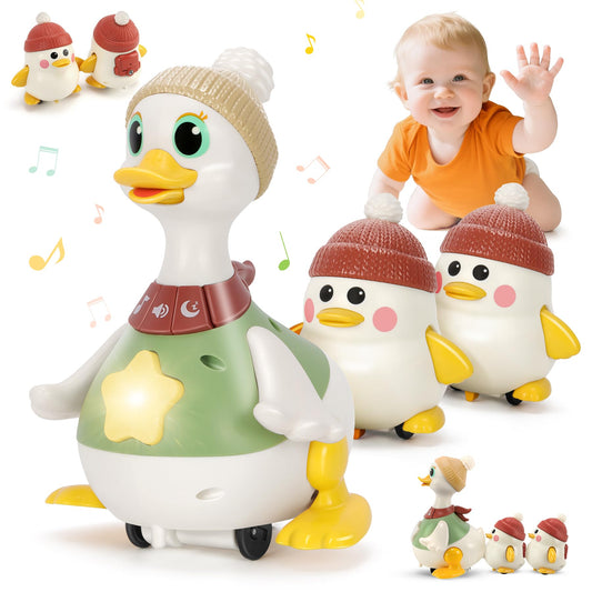 Hestiasko Baby Toys 6 8 10 12 Months, Tummy Time Duck Toy, Musical Dancing Duck Set with Lights & Sounds, Crawling and Interactive Sensory Learning Toy for Infants, Toddlers Gift for 1 Year Old Boy