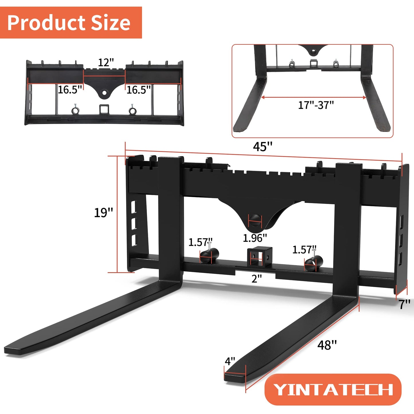 YINTATECH 4000lbs Skid Steer Pallet Fork 48" Frame Pallet Forks for Kubota Bobcat Skid Steer Loaders Tractors