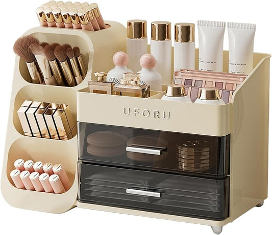 UFORU Makeup Organizer for Vanity with Brush Holder, Large Capacity Bathroom Countertop Skincare Organizer with 2 Drawers, Cosmetic Display Case for Perfumes, Eyeshadow Palettes, Nail Polishes