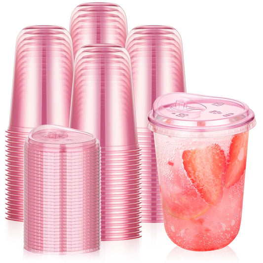 tchrules 100 Set 16oz Pink Plastic Cups with Sip Lids, Disposable Round Bottom Iced Coffee Cup with Lid Pink Clear To Go Drinking Cup Bulk for Cold Drinks Slushie Valentine Bachelorette Party Supplies