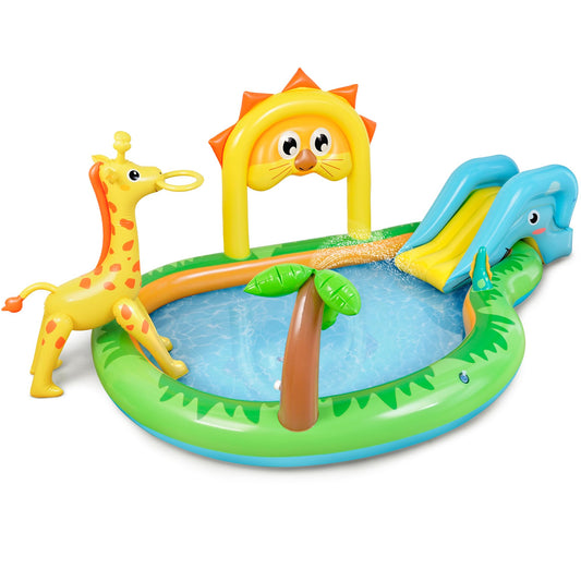 SULIFEEL Zoo-Themed Inflatable Play Center Kiddie Pool with Slide and Sprinkler for Children, 100''x70''x40' in Baby Pool for Backyard and Garden