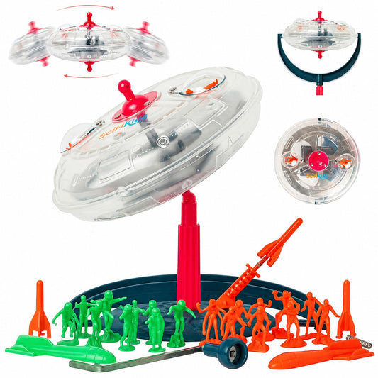SciFiKids Vintage Wind-Up Toy – 1950s Classic UFO Spinning Gyroscope Spaceship with Aliens & Spring Rocket, Retro Mechanical Flying Saucer Toy for Kids & Collectors