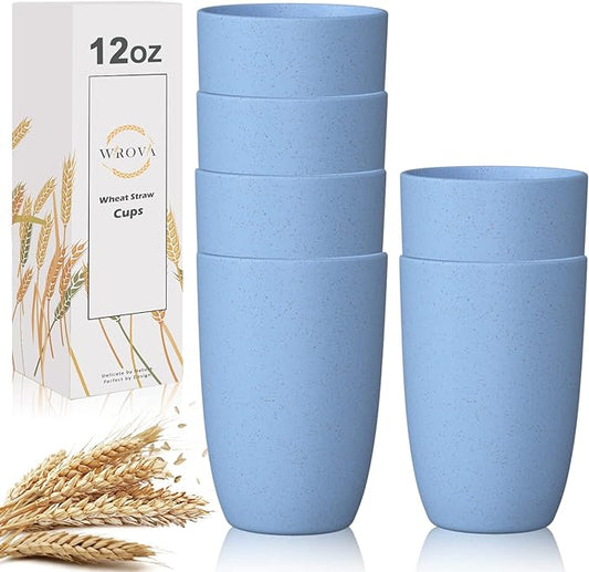 Wrova Wheat Straw Cups 6 PCS Good Alternative to Plastic Reusable Cups 12 oz Unbreakable Drinking Cup Reusable Dishwasher Safe Water Plastic Glasses Light Blue