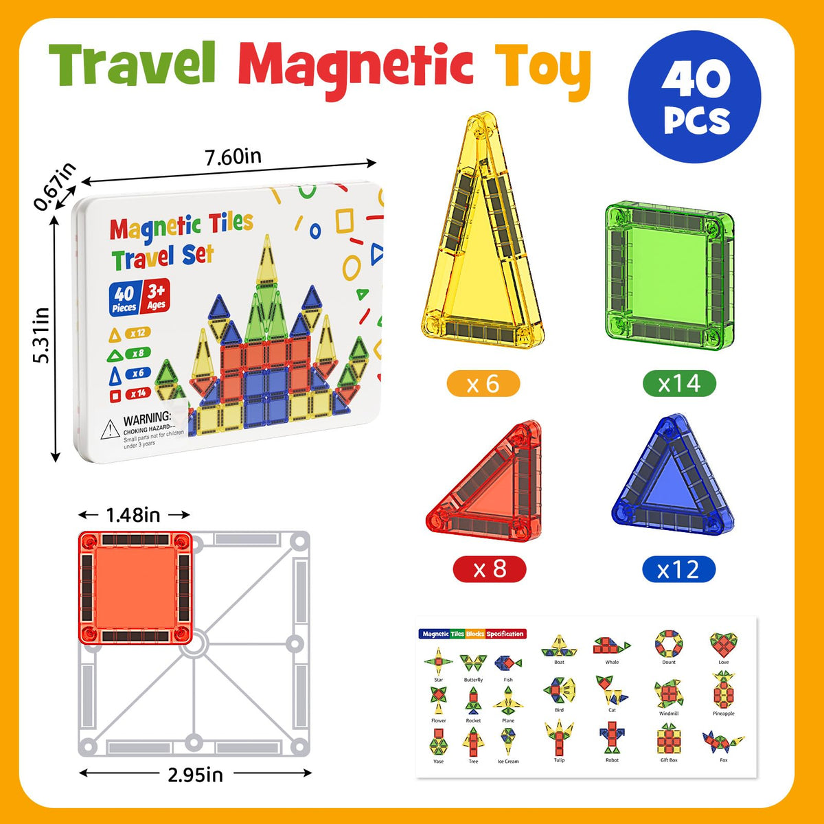 Mini Magnetic Tiles for Kids Travel - 40pcs STEM Building Blocks with Visual Storage Guide & Metal Box Play Base, Toddler Airplane Activities Toys for Ages 3-5,4-8, Compact Travel Toys