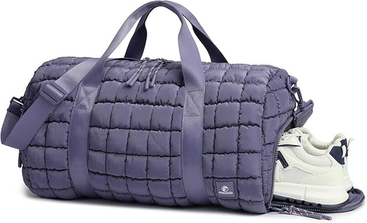 Quilted Duffel Bag for Women, Puffer Gym Duffle Bag with Shoe Compartment Lightweight Large Crossbody Sport Bag Travel Tote Mistviolet