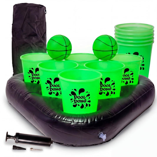 Foilswirl Glow in the Dark Inflatable Pool Toss Game Set with 2 Floats 12 Glow Buckets 2 Light up Basketballs Manual Air Pump Storage Bag for Pool Backyard Summer Beach Night Party Games