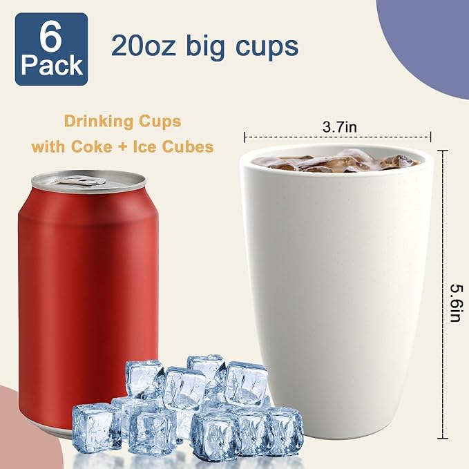 Drinking Glasses 20 OZ Tumbler Large Cups Wheat Straw Cups Set of 6 | Alternatives to Plastic Tumbler Dishwasher Safe Water Glasses Drinking Cup Reusable Cups for Kitchen - White
