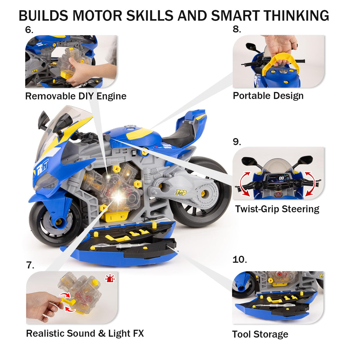 Take Apart Motorcycle Toy for Kids 3-5, Mechanic Toy DIY Repair Set with LED Lights, Real Engine Sounds & Spraying Exhaust - STEM Building Toys Engine Build Kit Birthday Gift for 3 4 5 6+ Year Old Boy