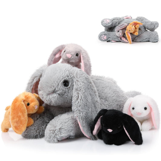 Sratte 5 Pcs Bunny Stuffed Animal Set Large Mommy Bunny Plush with 4 Cute Stuffed Baby Rabbit in Her Belly Soft Cuddly Rabbit Plush Gift for Birthday Baby Shower Party Favor(Gray,Lying Style)