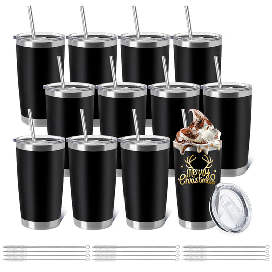 YOUKE OLA 12 Pieces Insulated Coffee Tumbler Blank Stainless Steel Double Wall Vacuum Travel Tumbler Cup with Lid and Straw for DIY Gift, Black 20oz