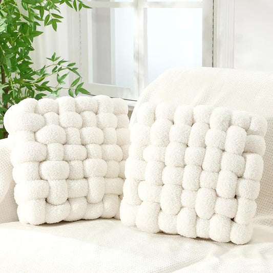 Wenqik 2 Pcs Knot Pillows Square Knotted Plush Throws Soft Accent Pillows Decoration Cushion for Couch Home Office Living Room Bedroom Bed Sofa Decor, 12'' x 13''(Cream White,Lambswool)