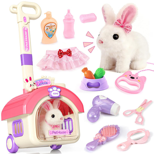 23Pcs Hopping Bunny Toy Set for Kids, Interactive Electric Walking Rabbit with Rolling Carrier House, Pretend Play Pet Care Grooming & Feeding Kit, Stuffed Animal Gift for Toddlers 3-5