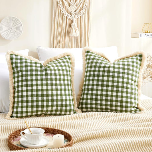 18x18 Spring Sage Green Gingham Farmhouse Pillow Covers with Ruffle Trim