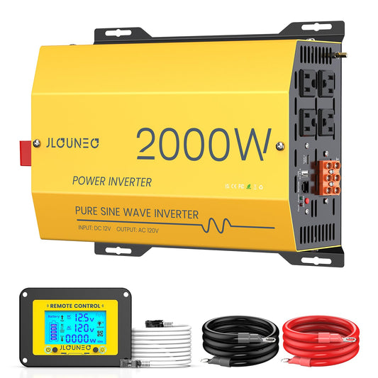 2000W Pure Sine Wave Inverter 12V DC to 120V AC Converter for Home, RV, Truck, Off-Grid Solar Power Inverter Built-in 3.1A USB, Type-C Port, AC Hardwire Output Port, Remote Control with LCD Screen