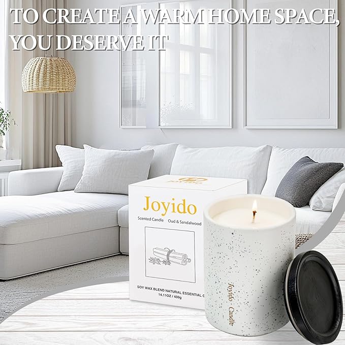 14OZ Oud & Sandalwood Scented Candle - Aromatherapy Candles with Lid - Soy Candles for Home Scented - Luxury Ceramic Jar Candles for Bedroom Kitchen Home Decor, Housewarming Party