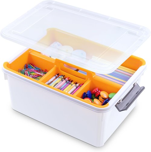 Citylife 17 QT Orange Plastic Storage Bin - Stackable Latching Box with Removable Tray for Organizing