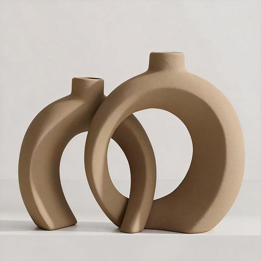 Set of 2 Brown Ceramic Vases for Home Decor Accents - Unique Hollow Donut Artistic Design Rustic Farmhouse Style Decorative Vases for Shelf, Mantel, Entryway Table Decor (Matte Brown)