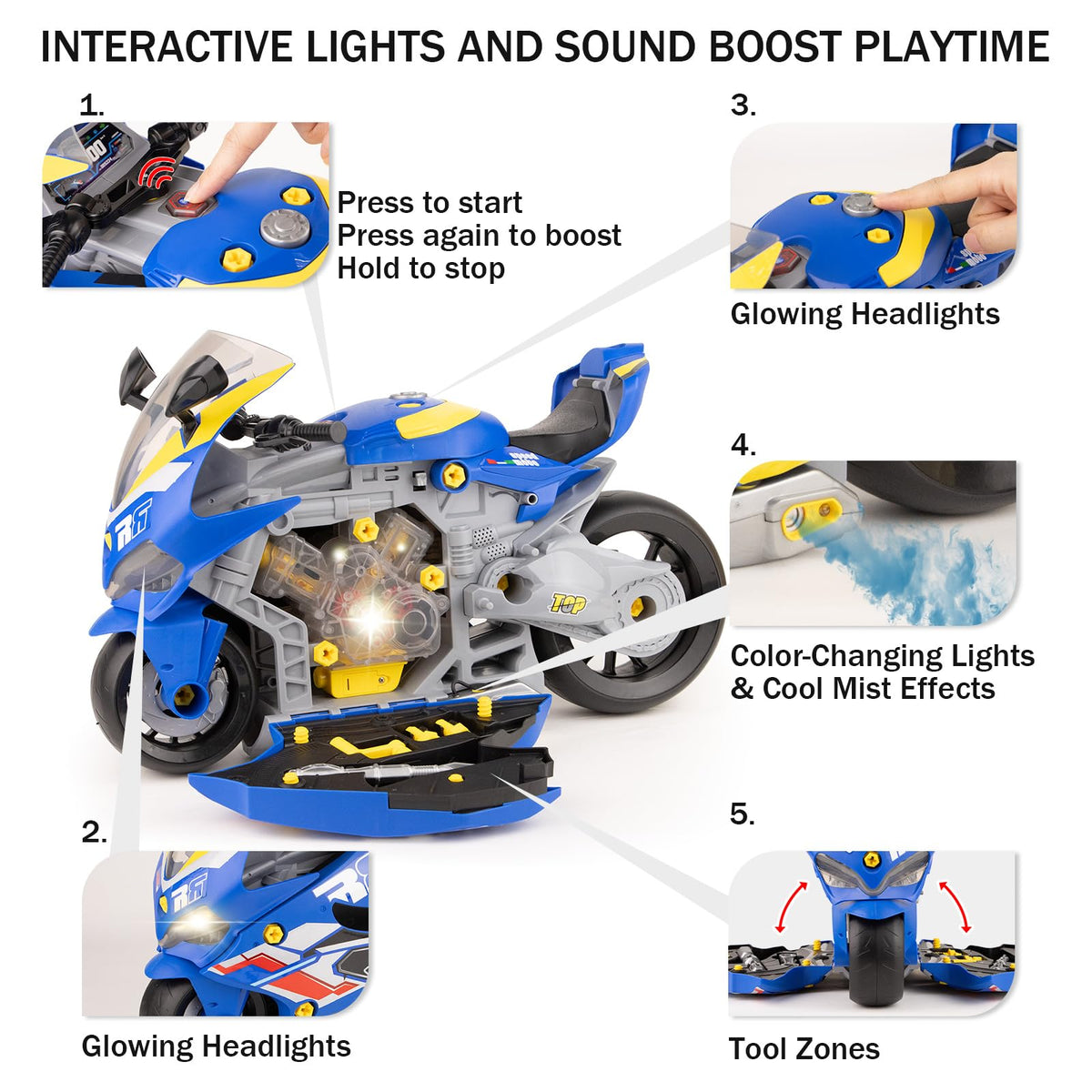 Take Apart Motorcycle Toy for Kids 3-5, Mechanic Toy DIY Repair Set with LED Lights, Real Engine Sounds & Spraying Exhaust - STEM Building Toys Engine Build Kit Birthday Gift for 3 4 5 6+ Year Old Boy