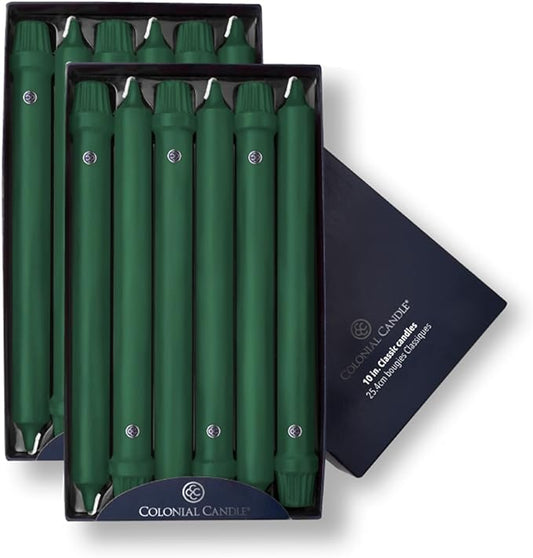 Colonial Candle Unscented Taper Candle, Classic Collection, Evergreen, 10 In, Pack of 12 - Up to 8 Hours Burn