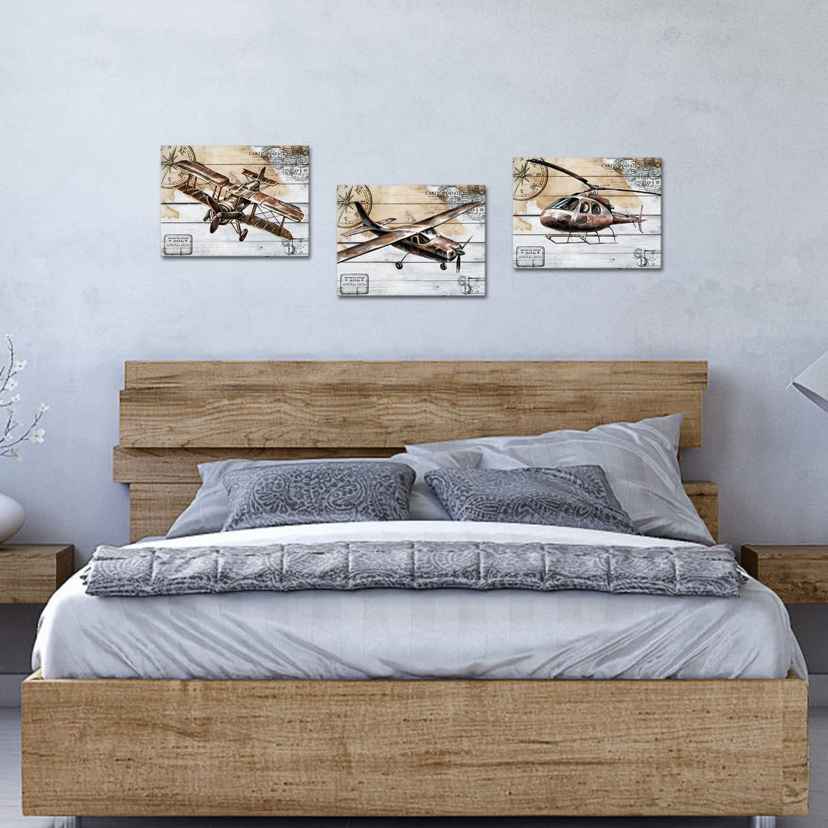 KLVOS Airplane Canvas Wall Art Retro Biplane Propeller Plane Helicopter Picture on Wood Texure Giclee Print Artwork Stretched and Framed Aircraft for Kids Boy Room Wall Decor 12x16inchx3pcs