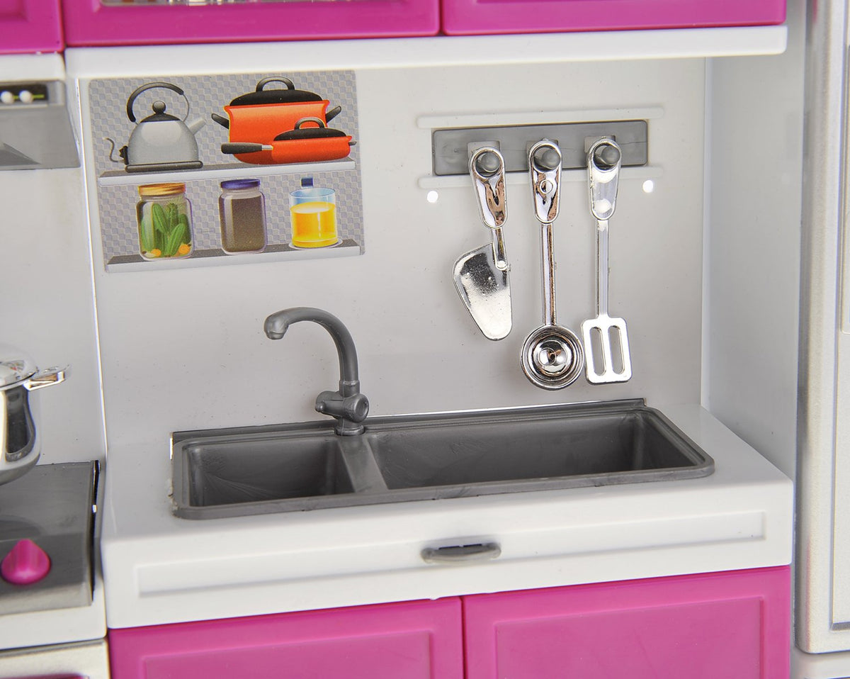PowerTRC Doll Kitchen Play Set, Mini Modern Toy Kitchen Pretend Play Furnitures Toy Set Accessories Set with Realistic Light & Sound for Kids Toddlers Girls (3-in-1)