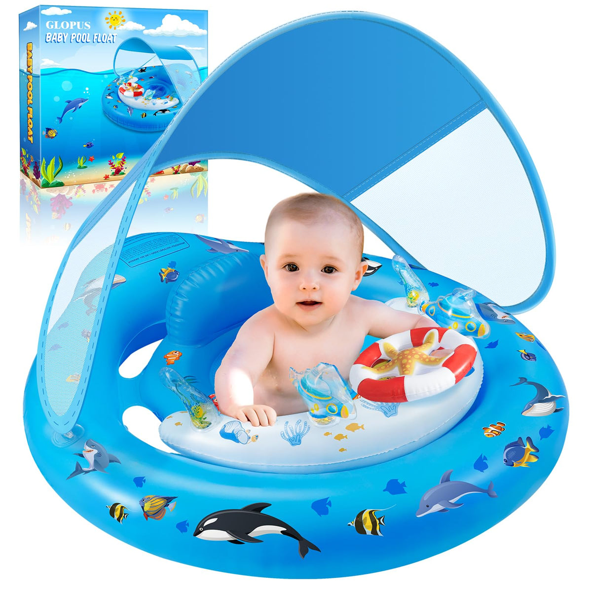 Baby Pool Float with Canopy UPF50+ Sun Protection, Inflatable Kids Pool Floats with Toy Play Console for Baby 6-36 Months, Infant Swimming Float with Adjustable Safety Seat for Boys Girls