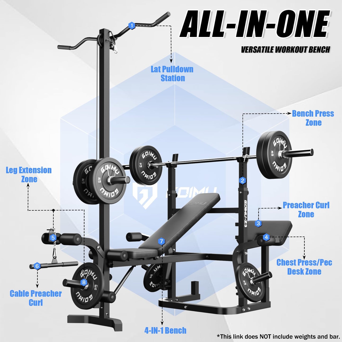 Goimu Z3 Olympic Weight Bench Set with Leg Extension and Leg Curl, 9 in 1 Workout Bench Set with Preacher Curl Pad and LAT Pulldown, Multi-Function Strength Training Bench Press Set for Home Gym