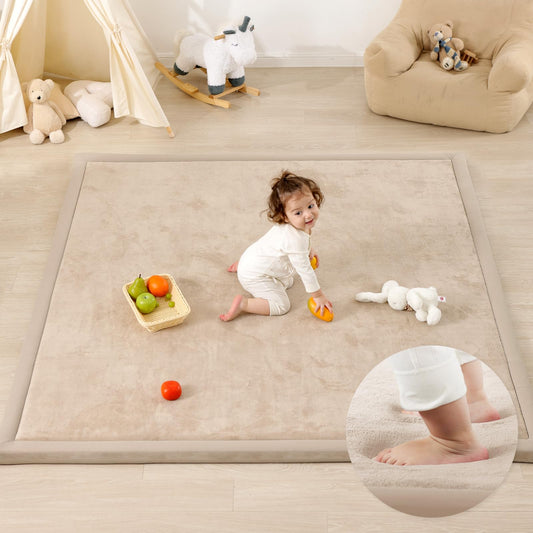PaPaMat 1.3" Thick Baby Play Mat for Floor, 79x118 Large Foam Tummy Time Mat, Padded Support Soft Plush Nursery Rug for Infant Kids Toddler Crawling Kick Activity (Beige)