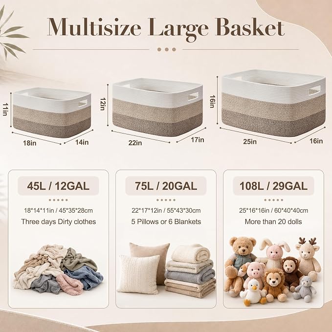 OIAHOMY Large Blanket Basket For Living Room, Rectangle Woven Baskets for Storage, Nursery Toy Storage With Handle-22”x17”x12”-Gradient Dark Grey