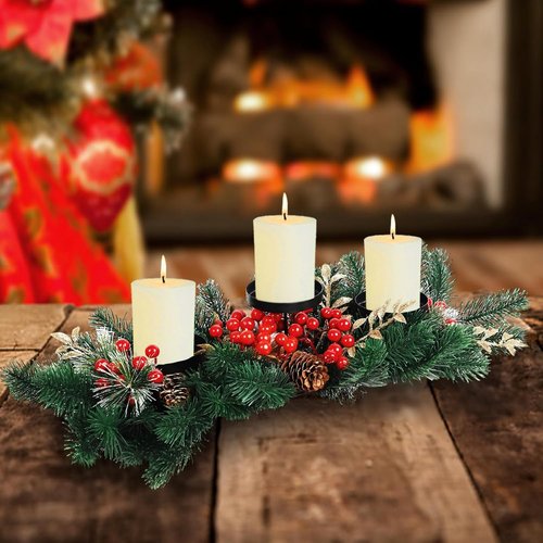MorTime Christmas Centerpiece - 3 Candle Holders with Red Berries & Pine Cones | Indoor Holiday Table Decor