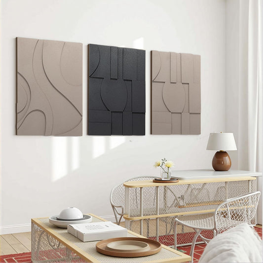 OIUYTOH 3D Textured Abstract Wall Art - Modern Black & Beige Geometric Design | 24x36 Inch Decor for Living Room, Dining Room, Bedroom, Office