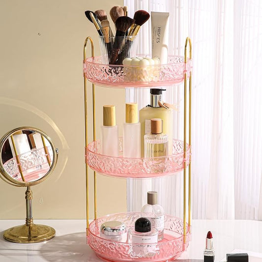 Fangoo Rotating Makeup Organizer for Vanity, 360 Spinning Cosmetic Storage, Perfume Holder for Bathroom Countertop or Dresser (Pink, 3 Tiers)