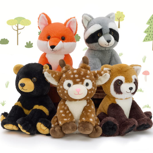 MaoGoLan 5 Pcs Woodland Animals Bulk Stuffed Woodland Toys Baby Shower Party Decorations, 8'' Grizzly Bear Deer Fox Raccoon Red Panda Forest Party Favors Gifts Mother's Day