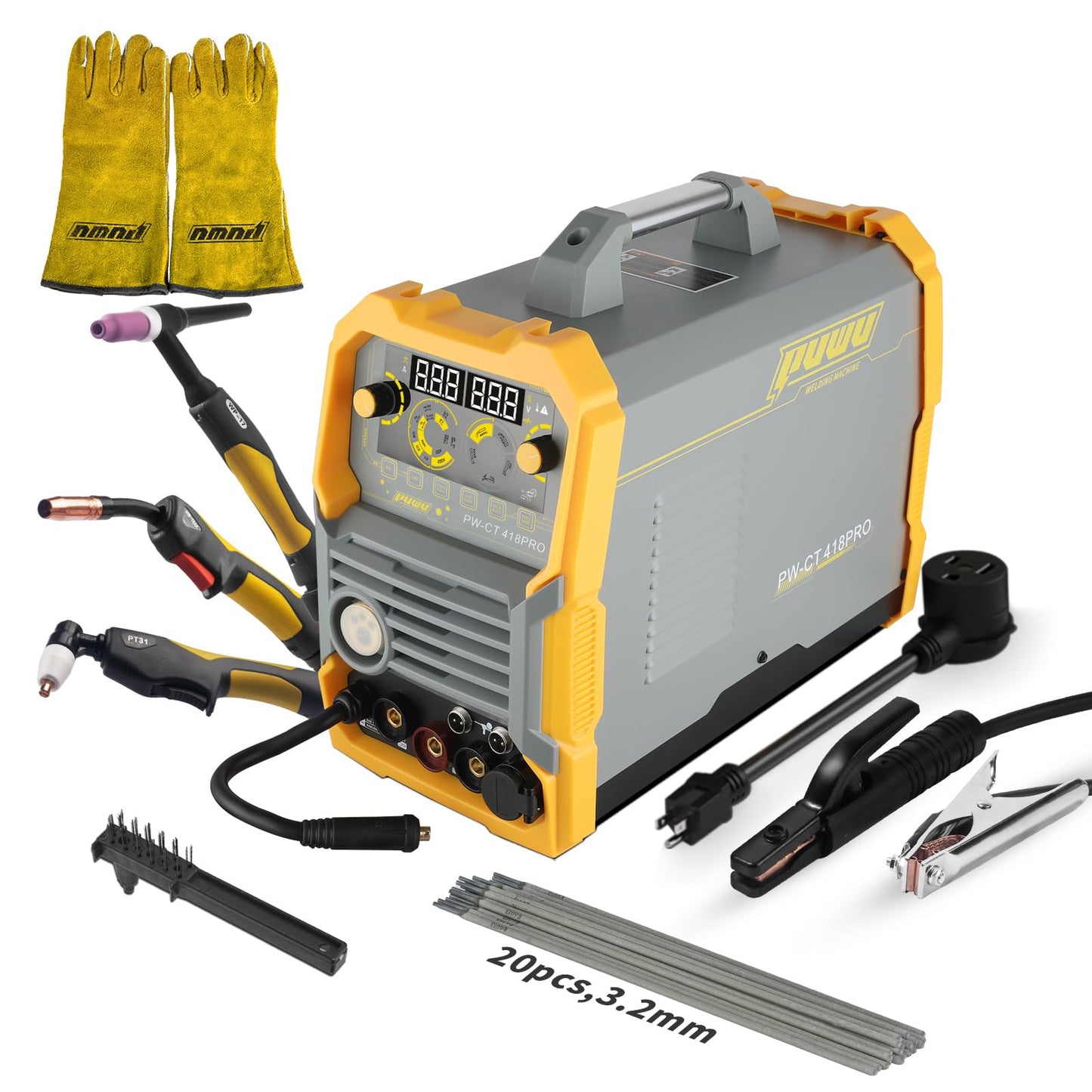 PUWU Plasma Cutter Welder Combo, Gas MIG/Gasless MIG/HF TIG/Stick/CUT 5 in 1 Aluminum Welding Machine with 110V/220V Dual Voltage Multi Process Welder with 20PCS Rods and Gloves