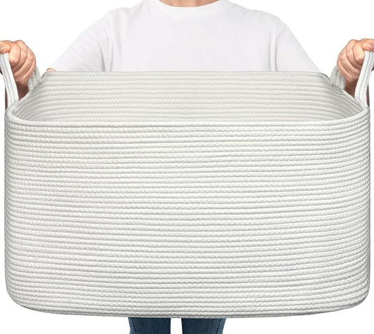 Goodpick Large Blanket Basket Living Room, Storage Baskets for Organizing, Woven Rope Laundry Basket for Toy Storage, 21.6" x 14.9" x 11.8", White