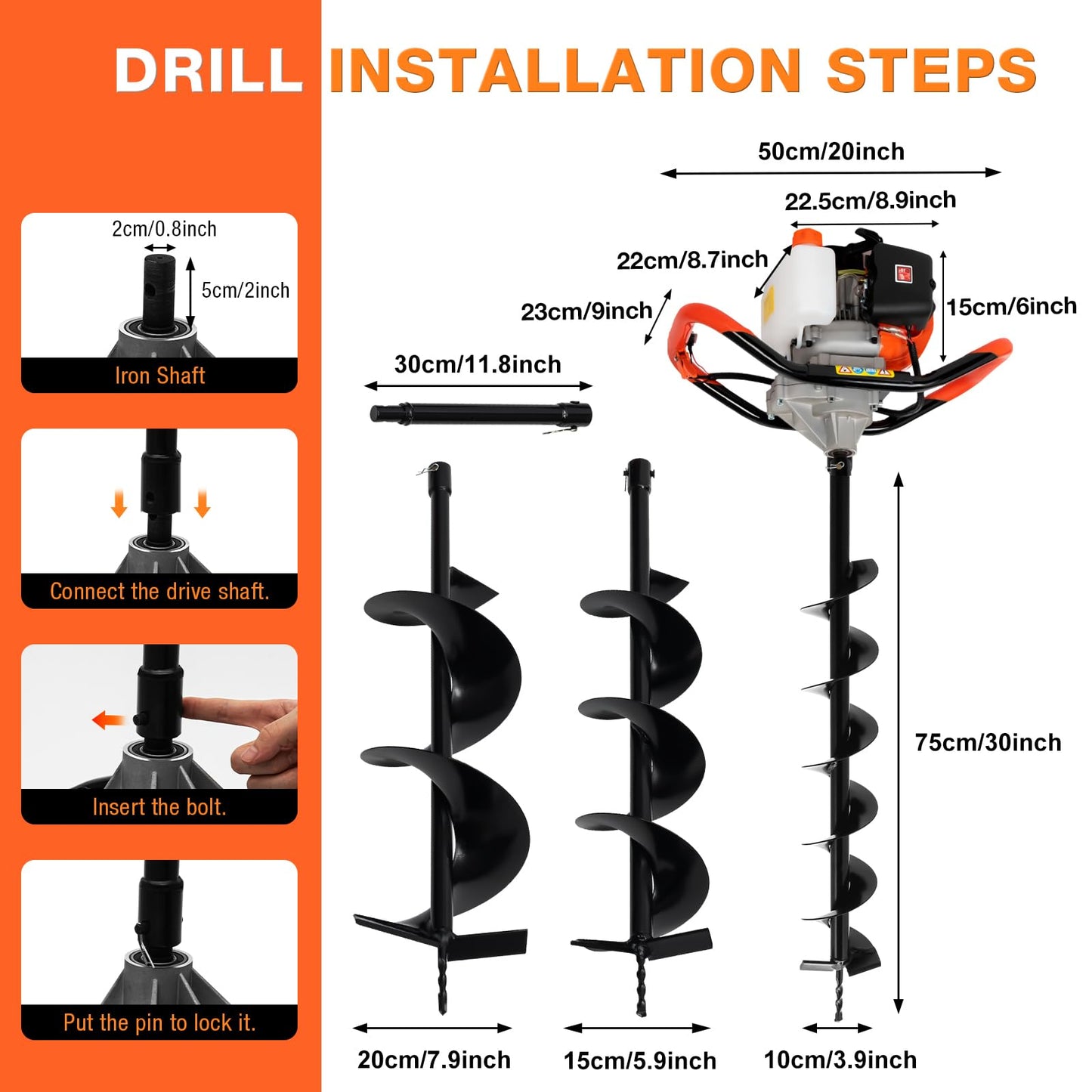 52Cc Auger Post Hole Digger,2-Stroke Petrol Gas Powered Earth Digger Earth Auger with 3 Digging Machine Drill Bits 4" 6" 8" and 3 Extension Rods for Tree Planting Holes,Fence Stakes,Greenhouse Stakes