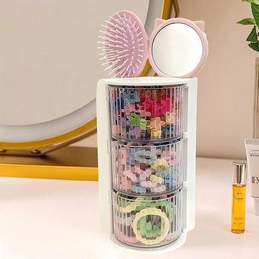 Hair Accessories Organizer with Hair Brush Holder, Rotatable Makeup Brush Holder for Necklaces, Earring, Bracelet, Ring, Makeup Brushes, Hair Clip and Hair Accessories (Stripe White, 3-Layer)