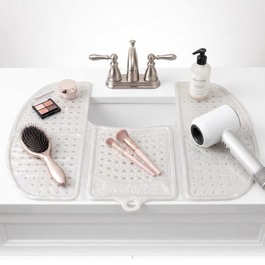 Sink Topper Bathroom Counter Cover & Storage Saver, Foldable Silicone Mat for Hot Tools, Hair Styling & Makeup, Beauty Brush Cleaning Mat, RV Camper Sink Cover & for Small Spaces (Large Pearl)