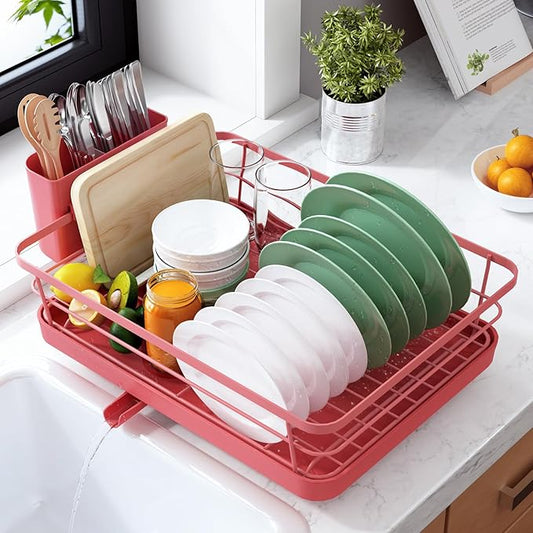 Kitsure Dish Drying Rack for Kitchen Counter, Stainless Steel Sink Organization and Storage Essentials with Cutlery Holder, Home and Appartment Decor, 12''W x 15.5''L, Red