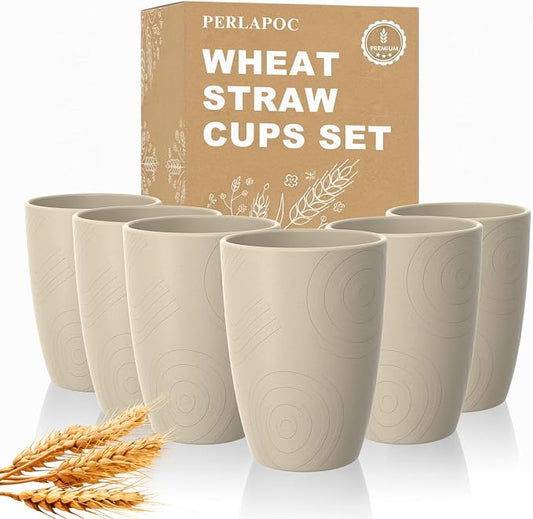 Unbreakable Wheat Straw Cups Set of 6, 12 OZ Reusable Plastic Cup Alternative, Dishwasher Safe Drinking Cups for Kitchen, Camping, Kids, Beige
