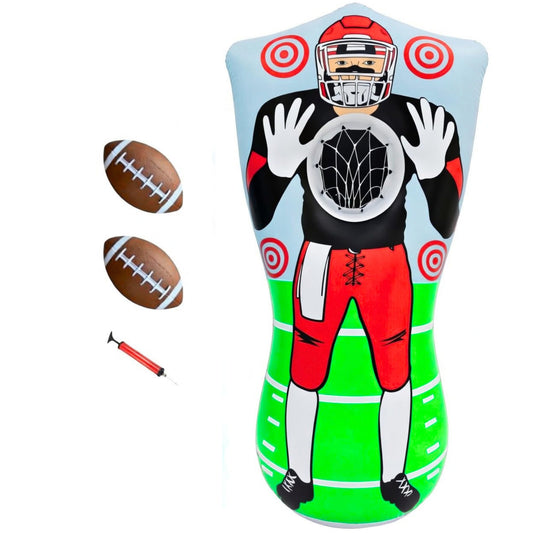 Preferred Toys 65” Inflatable Football Target Net Toss Game - Double-Sided Throwing Practice Football Stuff with Mini Balls - Backyard Tailgate Party Sports Toy for Kids & Adults - Red/Blue