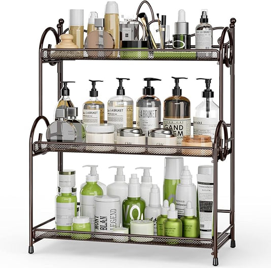 EKNITEY Bathroom Organizer Shelf Countertop - Kitchen Counter Organizer 3 Tier Bathroom Counter Shelves for Makeup Vanity Organizer Brown (No Assembly)