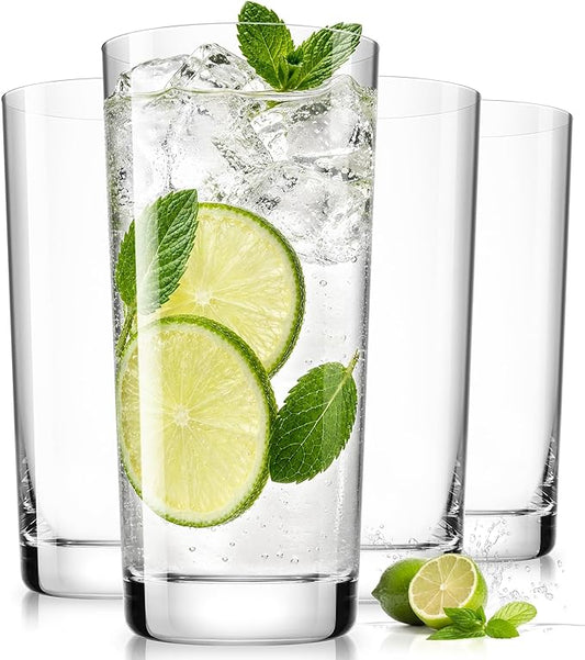 Drinking Glasses Set of 4, 16oz Wide Mouth Water Glass Cups, Lead-Free Crystal Glassware Set, Tall Cocktail Tumblers for Mojito, Tom Collins, Highball Glasses