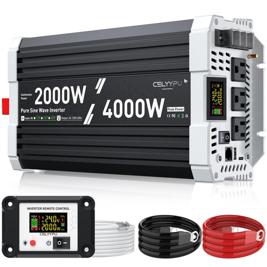 2000 watt Pure sine Wave Inverter, 24V DC to 110V AC Power Inverter, Used for Solar Emergency Power Supply in RV Homes, with 3 AC Output sockets, USB Port, Type-C Port, Remote Control with LCD Screen