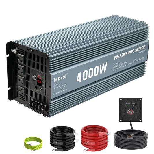 4000W Pure Sine Wave Inverter 12V DC to 110V AC Converter for Home, RV, Truck, Off-Grid Solar Power Inverter with Built-in 5V/2.1A USB, AC Hardwire Port, Remote Controller