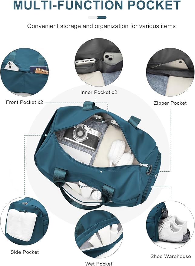 Gym Bag for Women Men with Shoe Compartment, Sport Duffel Bag, Waterproof Travel Weekender Overnight Carry on Bag for Yoga with Trolley Sleeve, Peacock Blue